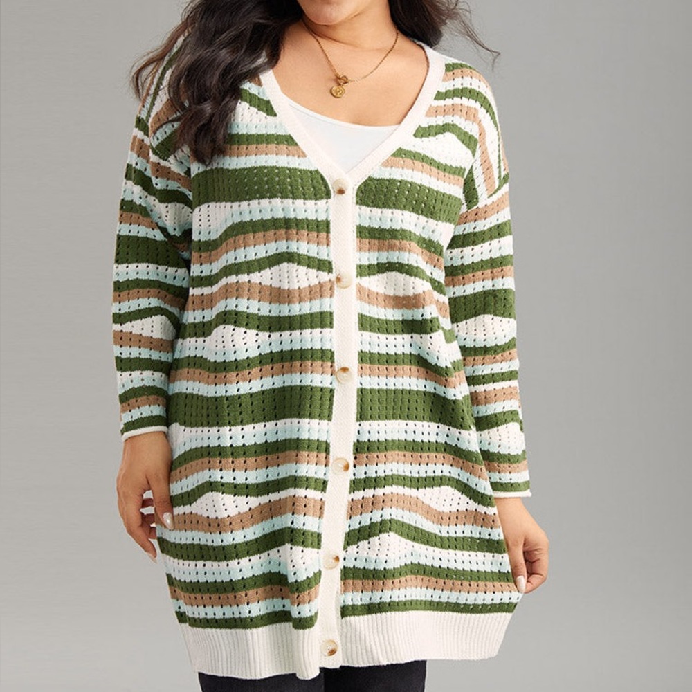 BLOOMCHIC Striped Contrast Button Up Hollow Out Cardigan Size 5X NEW - Picture 12 of 16